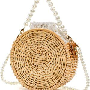 Luxury 8" Boho Straw Tote with Secure Drawstring - Pearl Handle Design